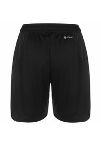 Schwarze Sportshorts mit einem Einsatz aus Mesh an der Seite, elastischem Taillenbund und einem kleinen Logo auf der Vorderseite. Hergestellt aus leichtem, atmungsaktivem Stoff.