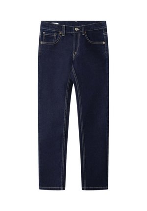 Dunkelblaue Denim-Jeans mit geradem Bein, fünf Taschen, gelben Nähten und einem Metallknopfverschluss an der Taille.