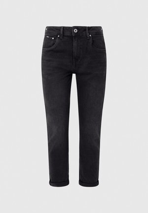 Black denim jeans with a straight fit, featuring five pockets, a button fly, and rolled cuffs for a casual appearance. Smooth texture, minimal design.