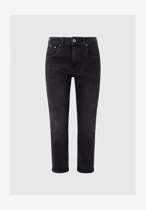 Black denim jeans with a straight fit, featuring five pockets, a button fly, and rolled cuffs for a casual appearance. Smooth texture, minimal design.