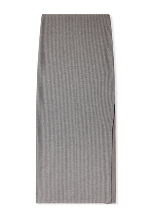 Gonna lunga in tessuto grigio a coste con spacco laterale e bordi puliti, che offre una texture liscia e un design aderente.