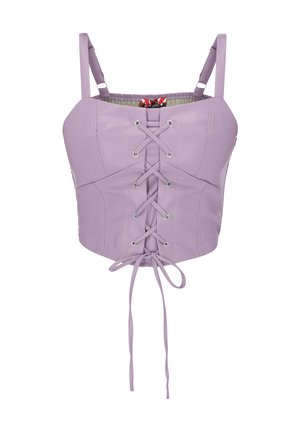 Fioletowy koronkowy krótki gorset z regulowanymi ramiączkami na ramiona i przednim sznurowaniem zawiązanym na kokardę.