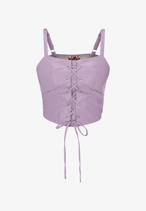 Fioletowy koronkowy krótki gorset z regulowanymi ramiączkami na ramiona i przednim sznurowaniem zawiązanym na kokardę.