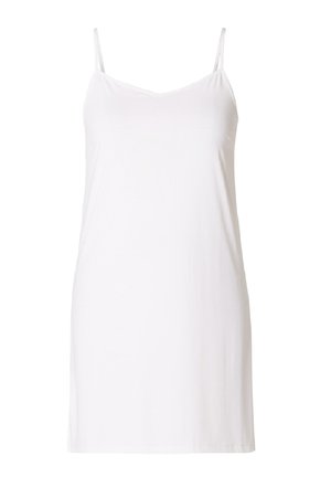 White slip dress with thin adjustable straps, a V-neckline, and a smooth, stretchy fabric that drapes gently. No visible patterns or hardware.