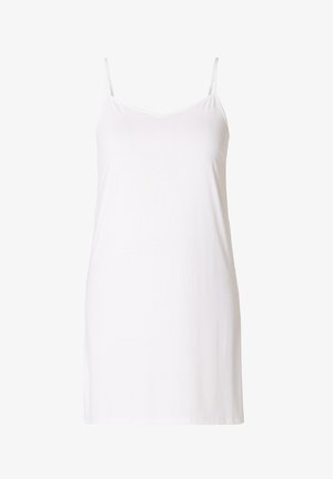 White slip dress with thin adjustable straps, a V-neckline, and a smooth, stretchy fabric that drapes gently. No visible patterns or hardware.