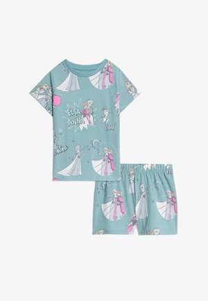 Children's pajama set featuring a light blue shirt and shorts. The fabric displays cartoon characters Elsa, Anna, and Olaf in various poses and patterns.