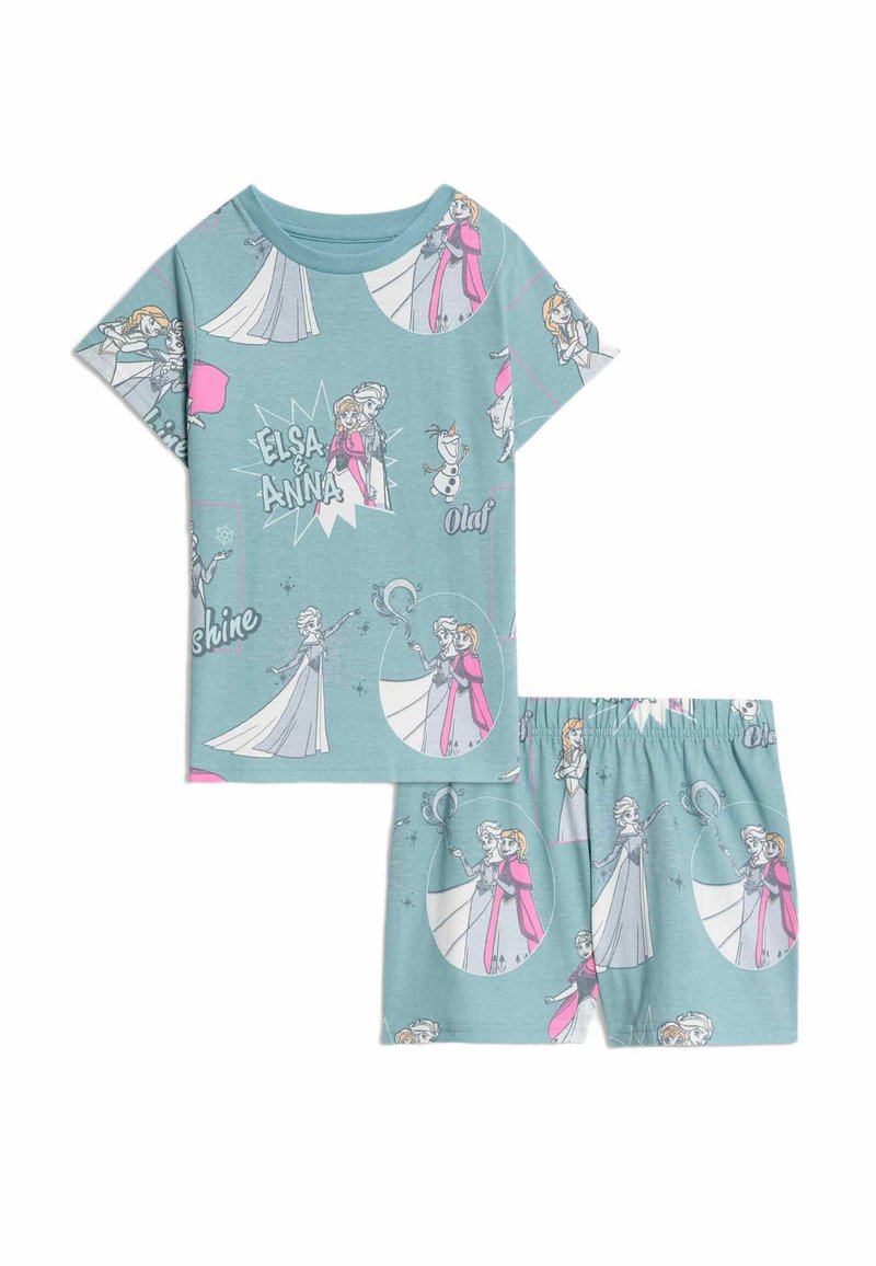 Conjunto de pijama para niños que incluye una camiseta de color azul claro y pantalones cortos. La tela muestra personajes de dibujos animados como Elsa, Anna y Olaf en varias posturas y patrones.