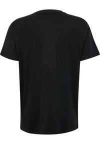 Zwarte katoenen t-shirt met een ronde halslijn en korte mouwen. De stof heeft een gladde textuur zonder zichtbare patronen of details.