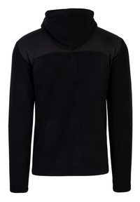 Schwarzer Fleece-Hoodie mit glatter Außenseite, langen Ärmeln und Kapuze mit Kordelzug. Hat ein schlichtes Design ohne sichtbare Logos oder Muster.