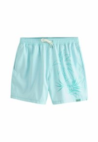 Light blue swim shorts made of synthetic material, featuring a palm tree and cartoon dog graphic, with an elastic waistband and drawstring.