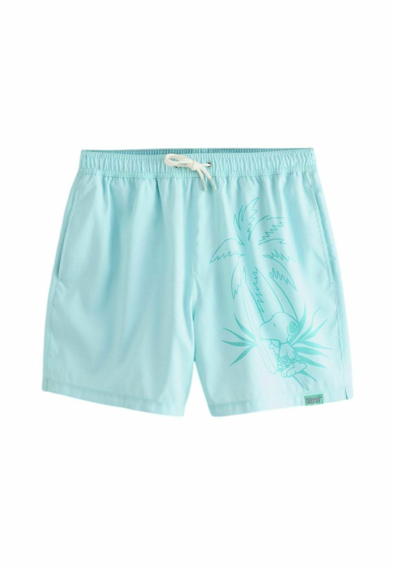 Light blue swim shorts made of synthetic material, featuring a palm tree and cartoon dog graphic, with an elastic waistband and drawstring.