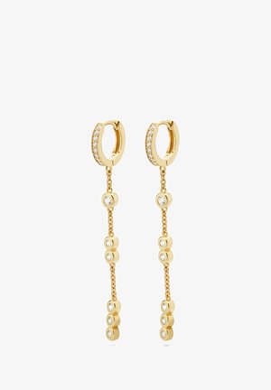 Orecchini a cerchio in oro con una fila di cristalli, con un design a catena pendente e perline circolari lungo la lunghezza per un tocco di dettaglio in più.