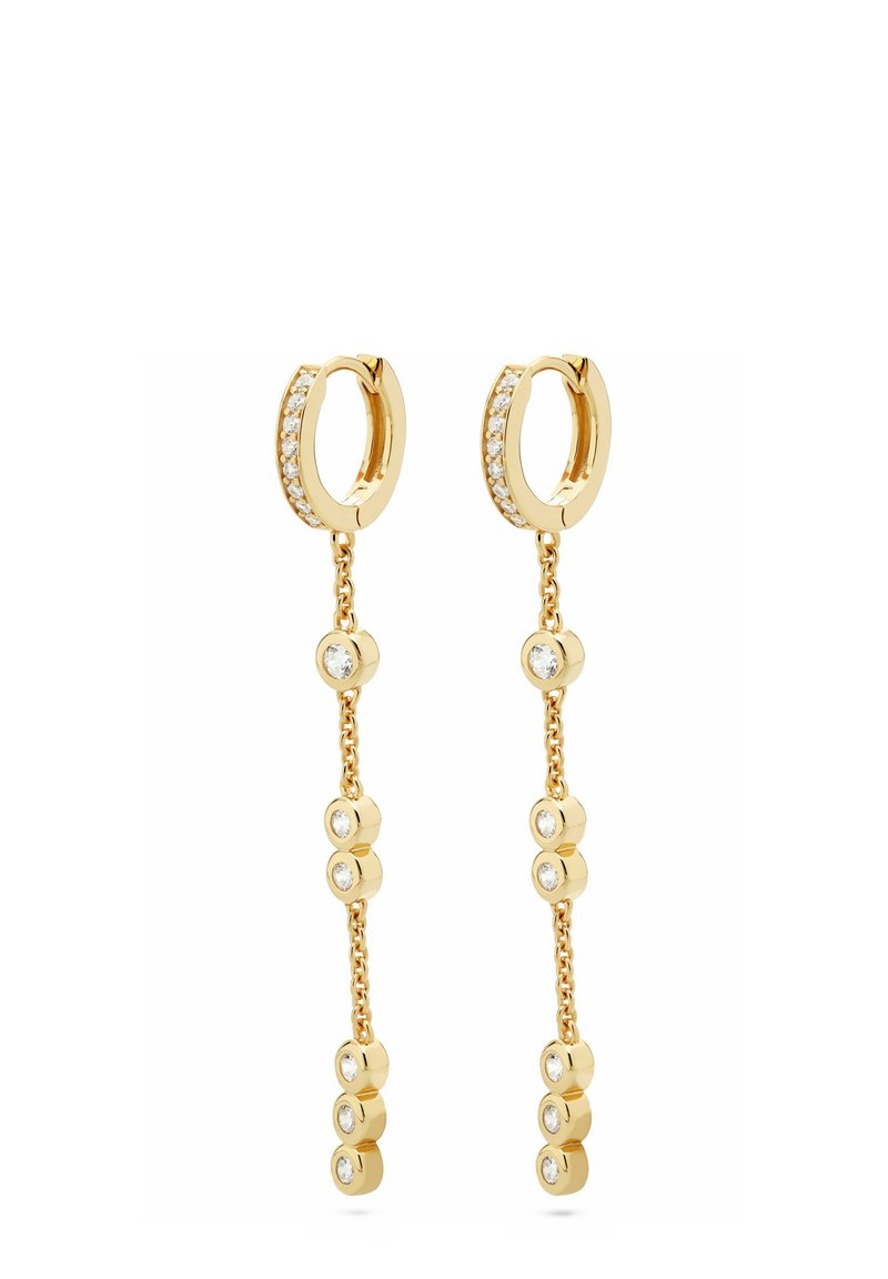 Guldörhängen med en rad av kristaller, med en hängande kedjedesign och runda pärlor längs längden för extra detalj.