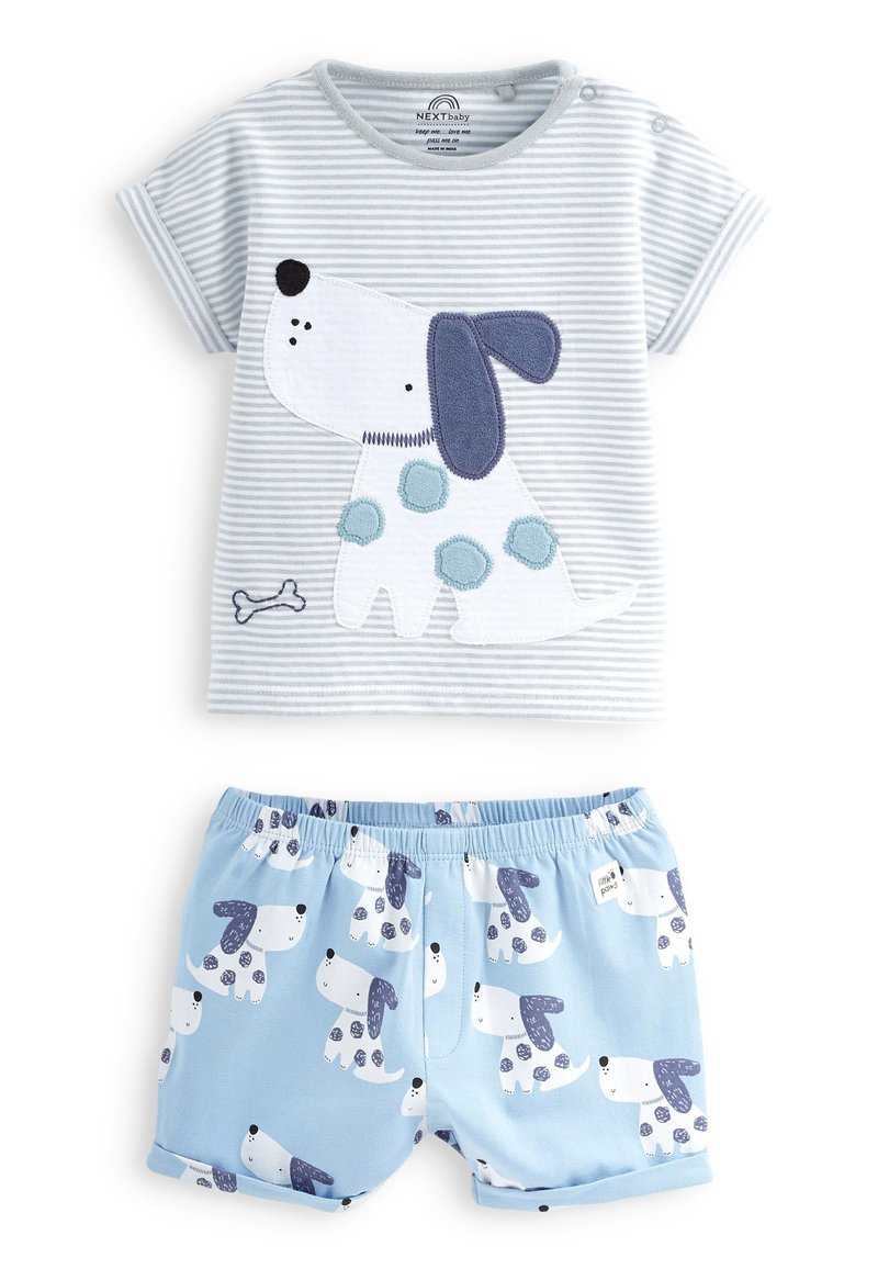 Babyhug Terry Knit Half Sleeves T-Shirt & Denim Shorts Set With Beach Theme Print - White & Blue