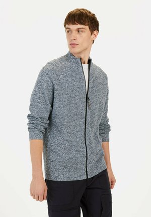 Grauer Zip-Up-Pullover mit strukturiertem Finish, hoher Kragen und gerippten Bündchen. Mit Reißverschluss und kontrastierenden schwarzen Details.