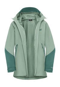 Hellgrüne wasserdichte Jacke mit dunkelgrünen Ellbogenflicken, verstellbaren Bündchen, Reißverschlusstaschen und offenem Vorderteil, das das Innenfutter aus Mesh zeigt.