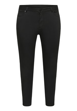 Pantalon en denim noir coupe slim, avec cinq poches, fermeture par bouton et passants pour ceinture ; texture lisse et détails de couture minimaux.