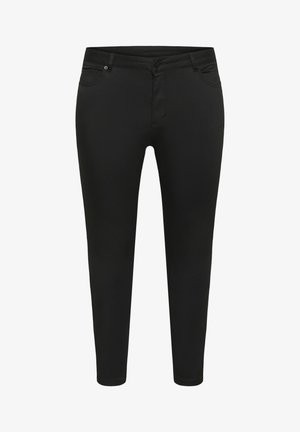 Pantalones vaqueros negros de corte slim, con cinco bolsillos, cierre de botón y trabillas para cinturón; textura suave y detalles mínimos de costura.