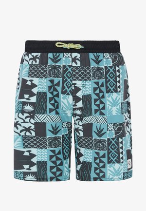 Kąpielówki z czarno-zielonym patchworkowym wzorem, z różnymi motywami, elastycznym pasem i żółtym sznurkiem.