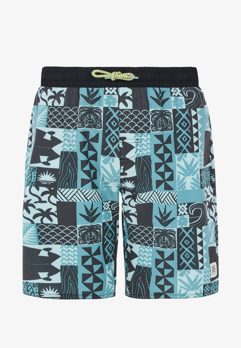 Kupaći gaćice s crno-tirkiznim patchwork dizajnom koji sadrži razne uzorke, elastičnu traku u struku i žuti vezni konac.