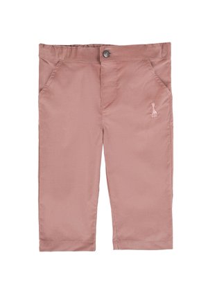 Light pink toddler pants with front pockets, a button closure, and a small embroidered giraffe on the right pocket.