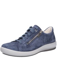Baskets en nubuck bleu avec un design à lacets, fermeture éclair sur le côté, semelle en caoutchouc blanc et tissu texturé. Bout rond et construction flexible.