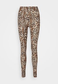 Luipaardprint legging met een glanzende afwerking, voorzien van een aansluitend ontwerp, hoge tailleband en verschillende tinten bruin en zwarte vlekken.
