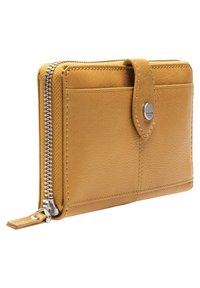 Yellow leather wallet with a zip-around closure, front pocket, and silver hardware accent. Textured finish with stitching detail.