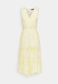 Gul blommönstrad midikjol med en omslagsdesign, utan ärmar, i ett flerlagersutseende och subtila volanger längs nederkanten.