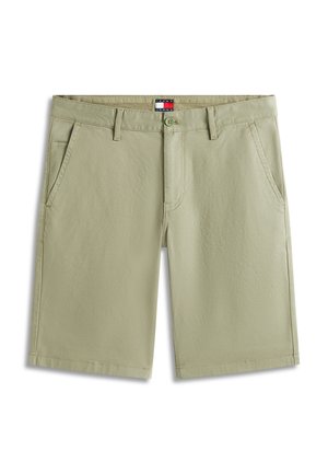 Beige kniehohe Herren-Shorts mit Seitentaschen, Gürtelschlaufen, Knopfverschluss und Tommy Jeans-Label auf dem inneren Bund.