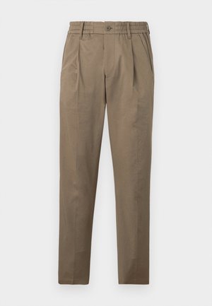 Men’s slim-fit khaki pants with elastic waistband, button closure, side pockets, and front pleats.