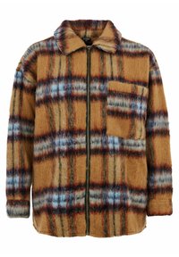 Veste zippée en tartan marron en matière duveteuse, avec un col, une poche poitrine unique et des lignes contrastées bleu et rouge.