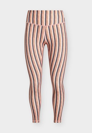 Κολάν με ψηλή μέση και πλήρη μήκος με κάθετες ρίγες σε ροζ, μαύρο, λευκό και πορτοκαλί σε ουδέτερο φόντο.