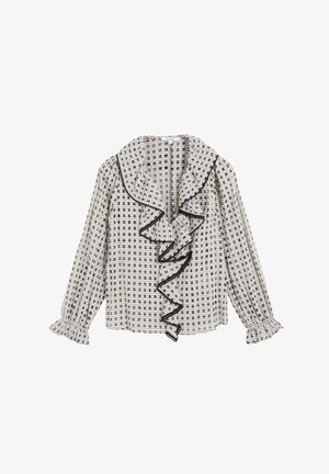 Blusa a maniche lunghe a quadri con colletto e davanti arricciati, bordi neri lungo i bordi e polsini arricciati su sfondo bianco.