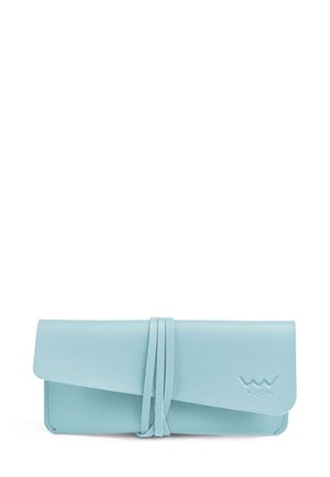 Light blue leather wallet with a flap closure, textured finish, and two soft straps. Features embossed logo detail on the front.