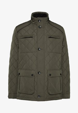 Quilted olive green jacket featuring a high collar, multiple pockets, and black buttons for closure, with a smooth, padded texture.
