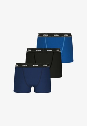 Trois paires de boxers en noir, marine et bleu. Conçus avec une ceinture noire contrastante arborant le texte "ATHENA" et des points blancs.