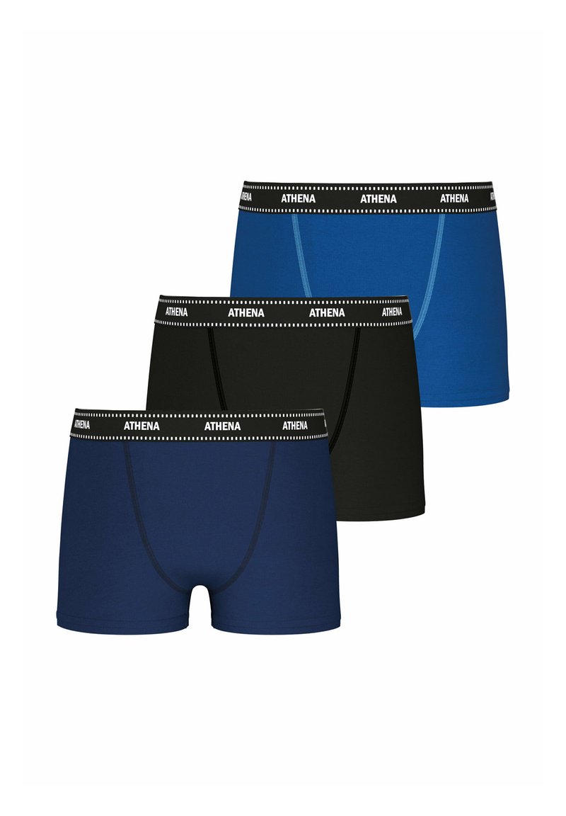 Trois paires de boxers en noir, marine et bleu. Conçus avec une ceinture noire contrastante arborant le texte "ATHENA" et des points blancs.
