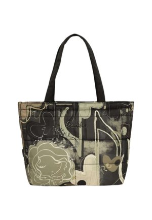 Borsa trapuntata con manici neri con note musicali astratte, cuori e una ragazza dei cartoni animati con capelli fluenti in toni beige e nero attenuati.