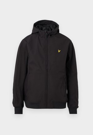 Veste noire à capuche avec fermeture éclair frontale, poignets et ourlet côtelés, poches latérales, et petit logo d'oiseau jaune sur la poitrine gauche.