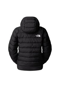 Μαύρο μπουφάν τύπου puffer με κουκούλα, με κεντητό σχέδιο, ελαστικά μανίκια και μικρό λευκό λογότυπο στον πάνω μέρος της πλάτης.