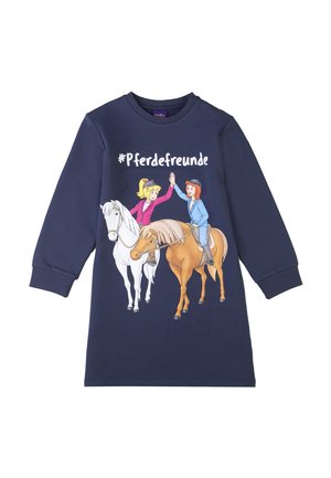 Marineblaues Langarmkleid mit zwei Cartoon-Mädchen und Pferden. Der Fronttext lautet "#Pferdefreunde". Aus Baumwollmaterial, mit Rundhalsausschnitt und lockerer Passform.