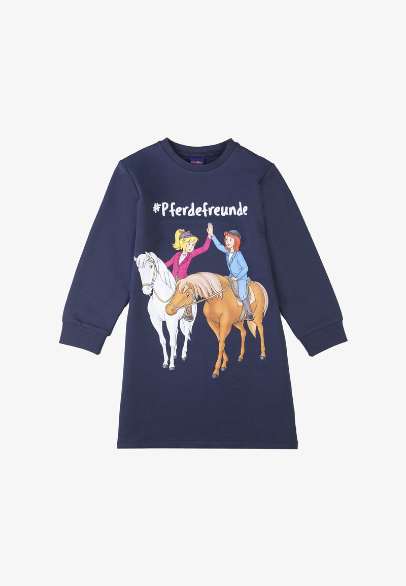 Marineblaues Langarmkleid mit zwei Cartoon-Mädchen und Pferden. Der Fronttext lautet "#Pferdefreunde". Aus Baumwollmaterial, mit Rundhalsausschnitt und lockerer Passform.