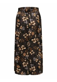 Bloemrijke wijde broek van gladde stof. Donkerbruine achtergrond met grote beige bloemen en kleinere paarse accenten. Elastiche tailleband.