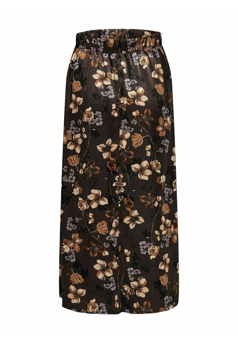 Bloemrijke wijde broek van gladde stof. Donkerbruine achtergrond met grote beige bloemen en kleinere paarse accenten. Elastiche tailleband.