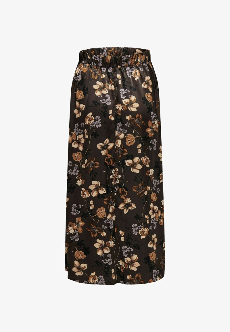 Pantalones de pierna ancha con estampado floral, confeccionados en una tela suave. Fondo marrón oscuro con grandes flores beige y pequeños acentos morados. Cintura elástica.