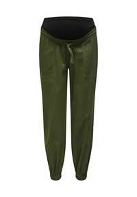 Zielone spodnie dresowe z czarną elastyczną talią, z dwiema przednimi kieszeniami i sznurkiem do regulacji, wykonane z miękkiego materiału z mankietami.