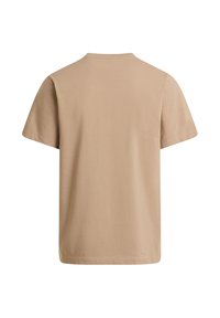 T-shirt beige à manches courtes vu de dos avec un col rond et un tissu simple et lisse.