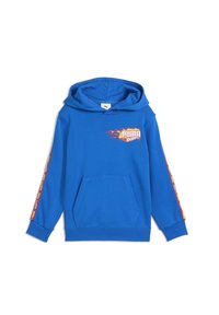 Niebieska bluza z miękkiego materiału, z kieszenią kangurką i płomieniowym wzorem z logo "Puma" z przodu oraz kolorowymi akcentami na rękawach.