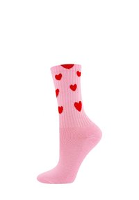 Różowa bawełniana skarpetka z prążkowanym wzorem, ozdobiona małymi czerwonymi serduszkami, z wzmocnioną piętą i palcami.